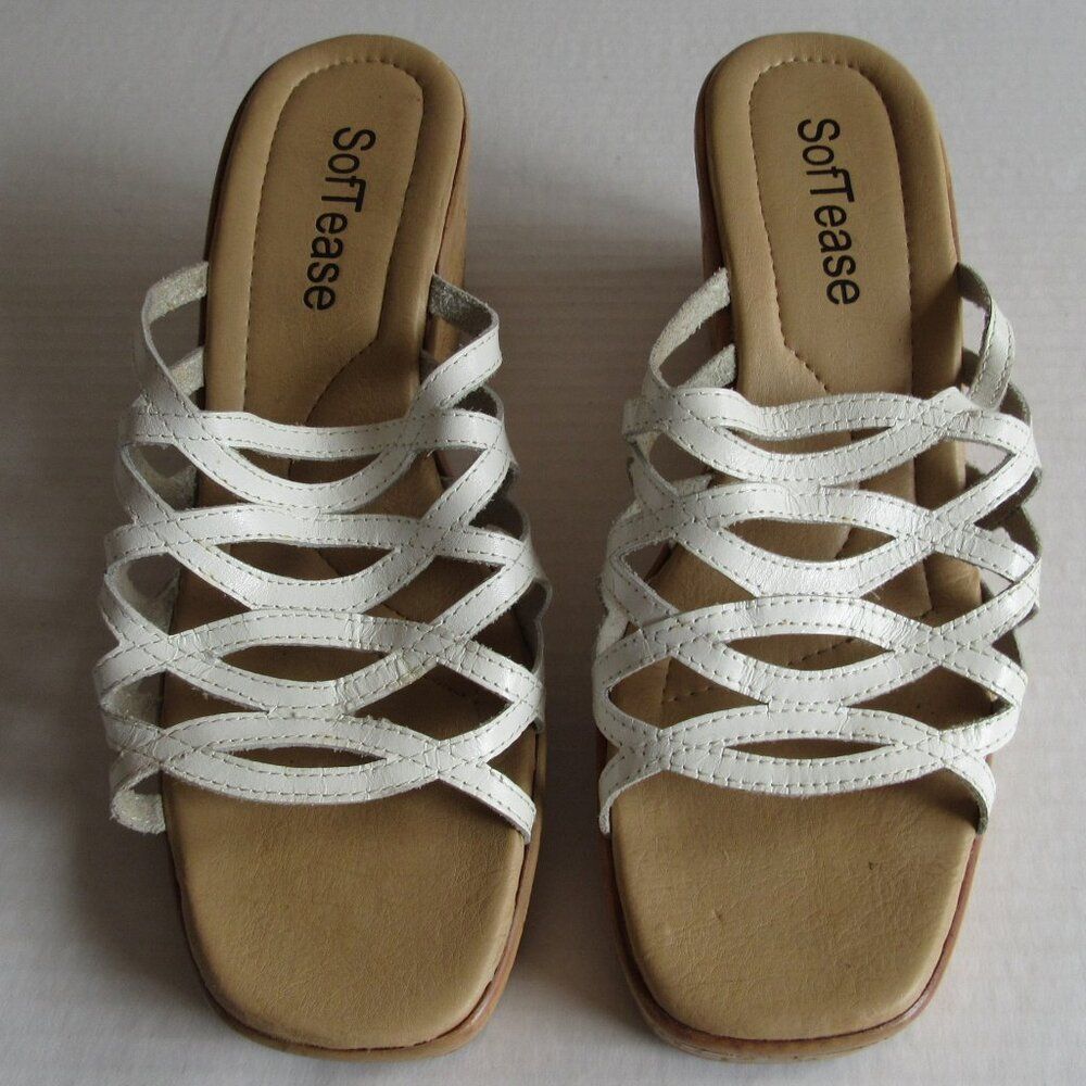 Soft Ease Open Toe Platform Wedge White Leather Slip On Strappy Sandal Size 6.5M